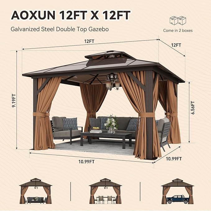 Aoxun 12'x12' Hardtop Gazebo, Outdoor Metal Gazebo with Double Polycarbonate Roof Canopy, Permanent Pavilion with Netting and Curtains for Lawn, Garden, Patio (Khaki)