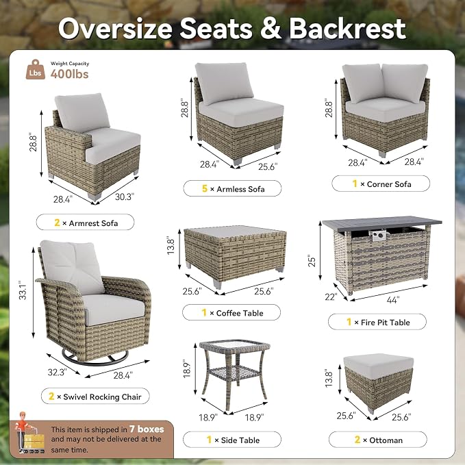 LET'S PATIO Luxury Patio Furniture Set with Fire Pit Table, 15 Piece Outdoor Furniture Set with Swivel Rocker Chairs & Ottomans, All-Weather Patio Sectional Sofas with Thickened Cushions, Grey