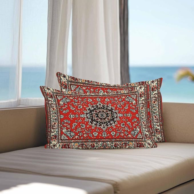 Vandarllin Outdoor Throw Pillows Covers 20x12 inch Set of 2 Waterproof Red Bohemian Decorative Zippered Cushion Covers for Patio Furniture, Boho Tribe Texture Lumbar Pillowcases