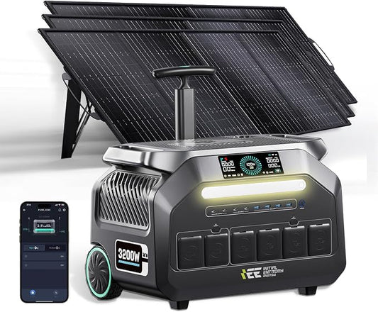IEE 3200W Portable Power Station P3200 with 3x200W Solar Panels, 2048Wh LiFePO4 Solar Generator, 1800W AC & 1000W Solar Charging, 14 Output Ports(6400W Peak), EPS, for Home Backup, Camping, Emergency