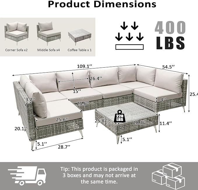 VilroCaz 7-Piece Outdoor Patio Furniture Set, Wicker Sectional Sofa wThick Seat Cushions, All-Weather Conversation Sofa Sets with Coffee Table for Outdoor Couch, Porch, Backyard (Grey-7C)