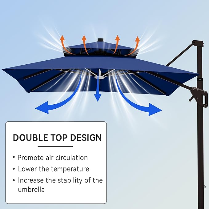 10' X 13' Cantilever Patio Umbrella with Base Included and Led Lights Double Top Rectangular Outdoor Large Offset Umbrellas with 7 Tilts Adjustable 360°Rotation for Deck Pool Garden Backyard, Navy