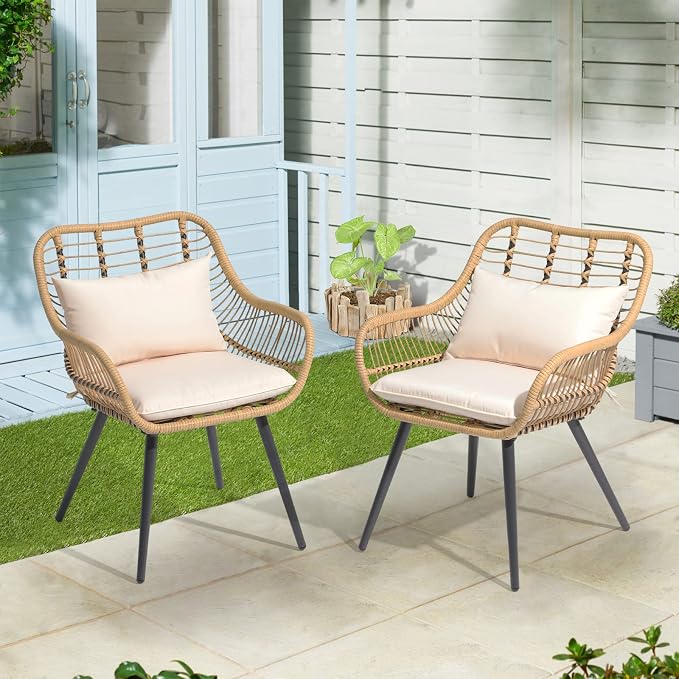 JOIVI Outdoor Patio Wicker Chairs Set of 2, Rattan Porch Chairs with Cushion and Armrest, Outdoor Seating with Iron Frame, Balcony Furniture for Apartments, Lawn, Backyard, Garden | Set of 2, All-Weather Outdoor Seating with Iron Frame, w/Seat Cushions...