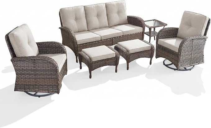 6 Piece Patio Furniture Set - Wicker Patio Conversation Set with Swivel Glider, 3-Seater Sofa, Tempered Glass Side Table and 2 Ottomans for Deck Backyard - Brown Wicker Beige Cushion