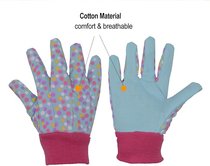 HANDLANDY 2 Pairs Kids Gardening Gloves, Cotton Kids Work Gloves, Pink, S | Girls Boys Children Garden Yard Work Play Cycling Gloves with Knit Wrist, Cute Pattern, Gift
