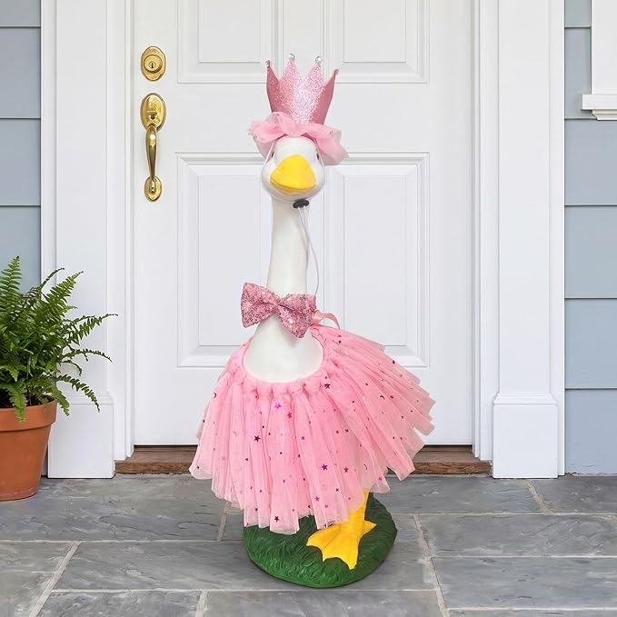 Porch Goose Statue Garden Décor - 20″ Large Porch Goose Statues with Crown Pink Skirt, Resin Animal Figurine Indoor or Outdoor Decor for Patio,Entryway Accent,Housewarming Birthday Gifts for Mom Women