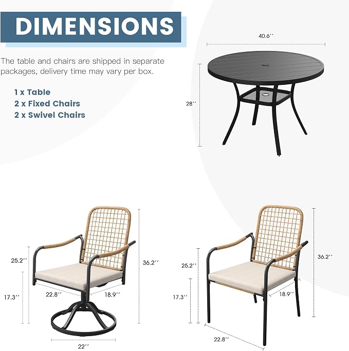 DIFY 5 Pieces Outdoor Dining Set for 4, Patio Furniture Set of 4 Wicker Patio Chairs with Soft Cushions and 40.6" Black Round Metal Table with Umbrella Hole, for Backyard Garden Deck, Wheat Rattan