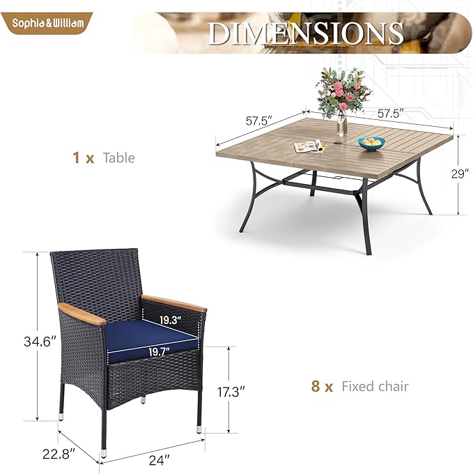 Sophia & William 9 Pieces Square Patio Dining Set for 8 People, All Weather Outdoor Dining Set with Metal Patio Table and Rattan Chairs, 8 People Large Patio Table Set, Teak Color Tabletop