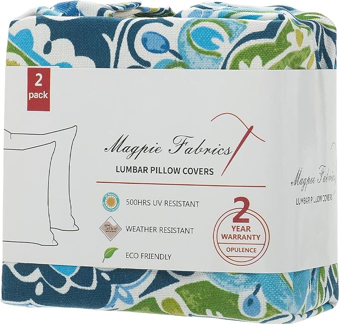 Magpie Fabrics Pack of 2 Outdoor Lumbar Pillow Case Covers 12"x20", Waterproof Rectangular Throw Pillowcase Shell Decorative Sham for Patio Garden Couch - Paisley Lapis Green