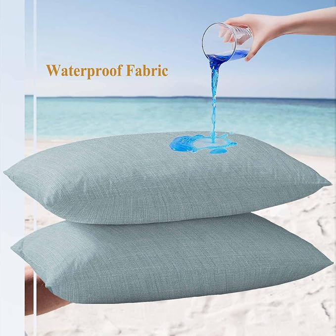 Outdoor Waterproof Throw Pillow Covers Set of 2 Blue Linen Lumbar Pillowcases 20x12 Inches Farmhouse Pure Color Decorative Pillows Cushion Case Patio Pillows for Couch Bed Chair Garden