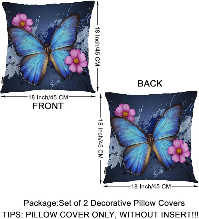 Swono Butterfly Farmhouse Throw Pillow Covers, Wild Butterflies Rose Flowers Maple Set of 2 Cushion Case Pillow Cover for Bed Sofa Couch, Blue Square Throw Pillowcases for Men Women 18x18 Inch