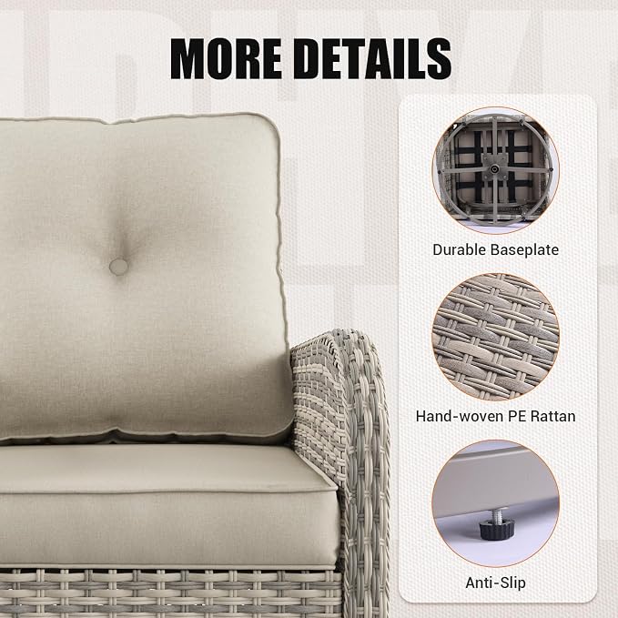 9-Piece Outdoor Patio Furniture Set with Rocking Swivel Chair Wicker Sectional Sofa Set, Patio Conversation Set with Thickened Cushions & Coffee Table for Garden, Backyard, White