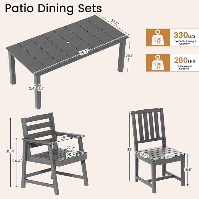 Ayge 9-Piece Outdoor Dining Set – HDPE Patio Furniture for 8 with 2" Hole Cut-Out Table & 8 Chairs, Perfect for Pool, Patio, Garden, Gray
