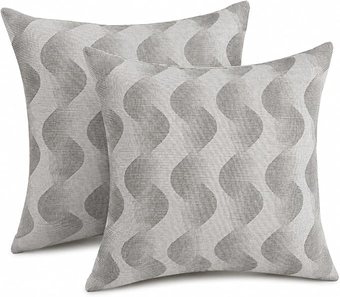 Outdoor Pillow Covers Waterproof Throw Pillow Covers, Set of 2 Jacquard Texture Water Resistant Fade Resistant Decorative Cushion Covers for Garden Patio Bench Couch Sofa, 18x18 Inch (Wave Gray)