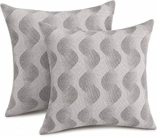 Outdoor Pillow Covers Waterproof Throw Pillow Covers, Set of 2 Jacquard Texture Water Resistant Fade Resistant Decorative Cushion Covers for Garden Patio Bench Couch Sofa, 18x18 Inch (Wave Gray)