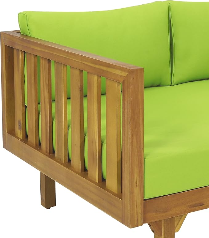 Merax Outdoor Acacia Wood Conversation Set - Patio 3-Seat Loveseat Sofa w/Coushion and Round Coffee Table for Backyard, Lawn, Balcony, Teak+Green/Light Teak