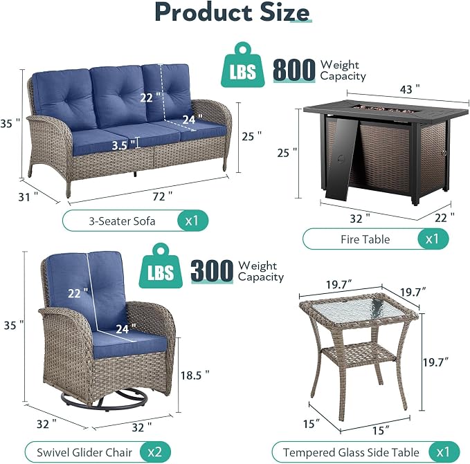5 Piece Patio Furniture Set with Fire Pit Table - Wicker Patio Conversation Set with Swivel Glider, 3-Seat Sofa, Tempered Glass Side Table for Deck Backyard - Grey Wicker Blue Cushion