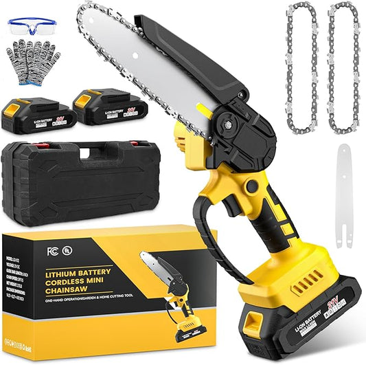 Mini Chainsaw Cordless,6-inch Electric Chain Saw with 2 Lithium Battery Powered,Hand Held Saw for Tree Trimming and Wood Cutting,Best Garden Tools,Unique Gift for boyfriend,father,Men,Yellow