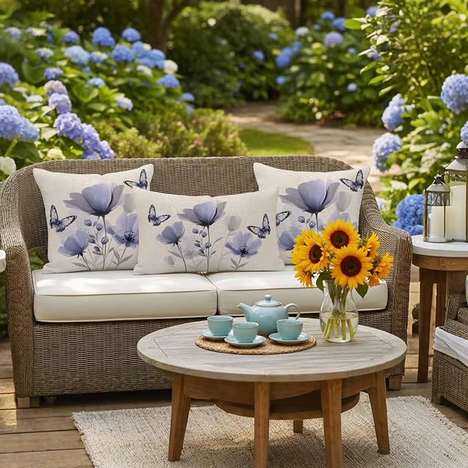 Purple Flowers Waterproof Outdoor Pillow Covers Set of 2 Home Decor, Spring Farmhouse Retro Tulip Butterfly Pillowcase Patio Pillow Covers for Couch Bench Furniture Garden 20x12in