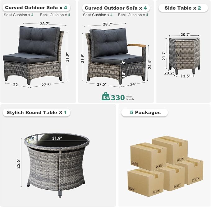 MEISSALIVVE 11 Piece Outdoor Patio Furniture Set, Half-Moon Curved Sectional Set with Wood Armrests, Patio Conversation Set for Porch,Deck,Balcony (Grey)