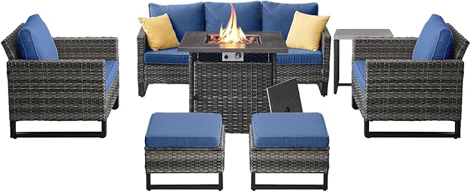 Belord 7 Pieces Patio Furniture Set with 50000BTU Propane Fire Pit Table: Wicker Patio Conversation Set with Outdoor Club Chairs Patio Couch Metal Side Table, All Weather Brown Rattan