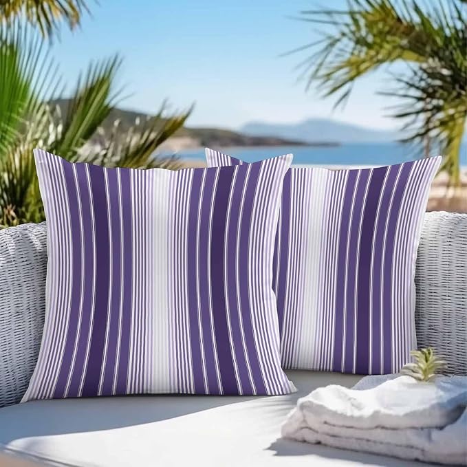 Outdoor Waterproof Throw Pillow Cover, Farmhouse Purple Gradient Line Decorative Pillows Cushion Covers, Modern Minimalist Stripe 2 Pack Pillow Cases for Patio Garden Balcony Couch Sofa 18x18in