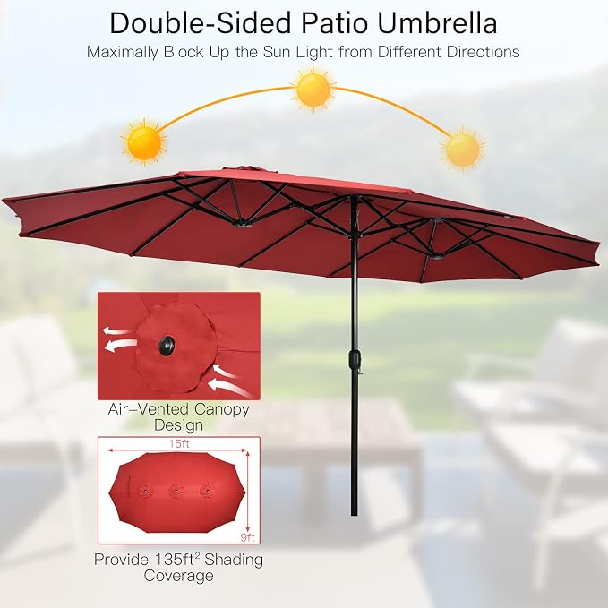 Tangkula 10 Pieces Patio Wicker Dining Set w/Double-Sided Patio Umbrella, Outdoor Acacia Wood Furniture Set w/ 8 Armchairs, 71” Dining Table & 15 ft Umbrella with Weighted Base (Wine)