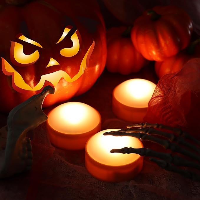 12 Pack Halloween Pumpkin Lights with Remote / Timer, Bright Flickering Battery Operated LED Light Flameless Candle Set for Pumpkin Décor Jack-O-Lantern Halloween Party Home Decorations, Orange Color