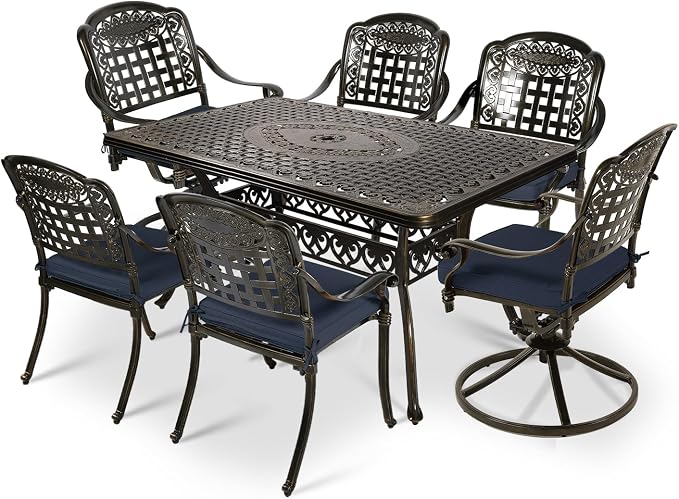 VIVIJASON 7-Piece Patio Furniture Dining Set, Outdoor Cast Aluminum Conversation Set, Include 4 Stationary Chairs, 2 Swivel Dining Chairs and a Rectangle Table with 2" Umbrella Hole, Navy Blue Cushion