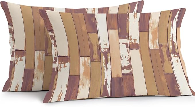 Brown Beige Outdoor Pillow Covers 20x12 Inch Lumbar Pillow Covers Set of 2 Waterproof Decorative Throw Pillow Cases Vintage Farmhouse Shabby Wooden Grain Cushion Covers for Patio Furniture Garden