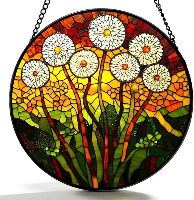 Stained Glass Window Hanging - Colorful Dandelion Pattern 6.3 Inches Suncatcher for Garden Home Decor for Women Mon Grandma Friends
