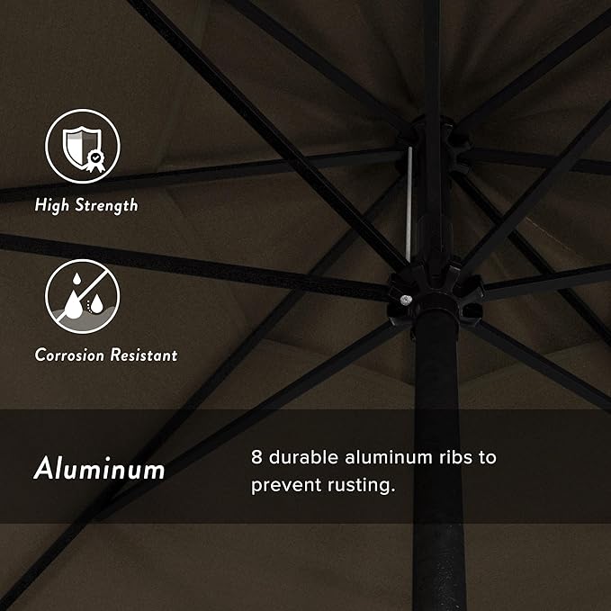 California Umbrella 12-Year Protection 9' Rd Aluminum Patio Umbrella, Crank Lift, Auto Tilt, Black Finish, Sunbrella Taupe