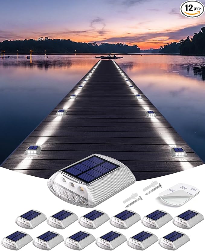 DetarZinLED Deck Lights Solar Powered, 12 Pack White Solar Pathway Driveway Light Outdoor IP68 Waterproof, Stick on & Screw Markers Deck Lights for Dock, Walkway, Sidewalk, Patio, Pool, Garden, Step