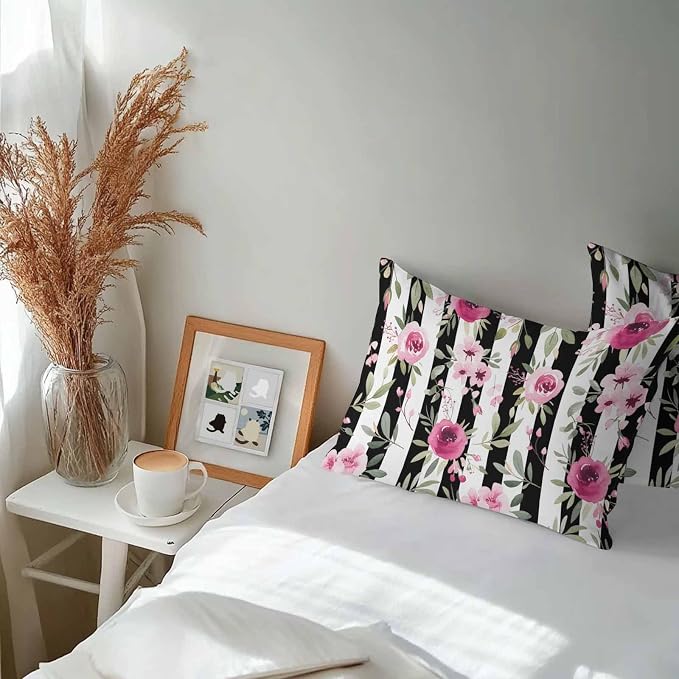 Vandarllin Outdoor Throw Pillows Covers 20x12 inch Set of 2 Waterproof Pink Flowers Decorative Zippered Cushion Covers for Patio Furniture, Floral Leaves Black Stripes Lumbar Pillowcases