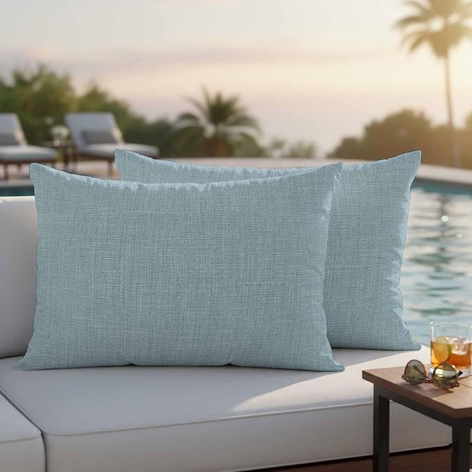 Outdoor Waterproof Throw Pillow Covers Set of 2 Blue Linen Lumbar Pillowcases 20x12 Inches Farmhouse Pure Color Decorative Pillows Cushion Case Patio Pillows for Couch Bed Chair Garden