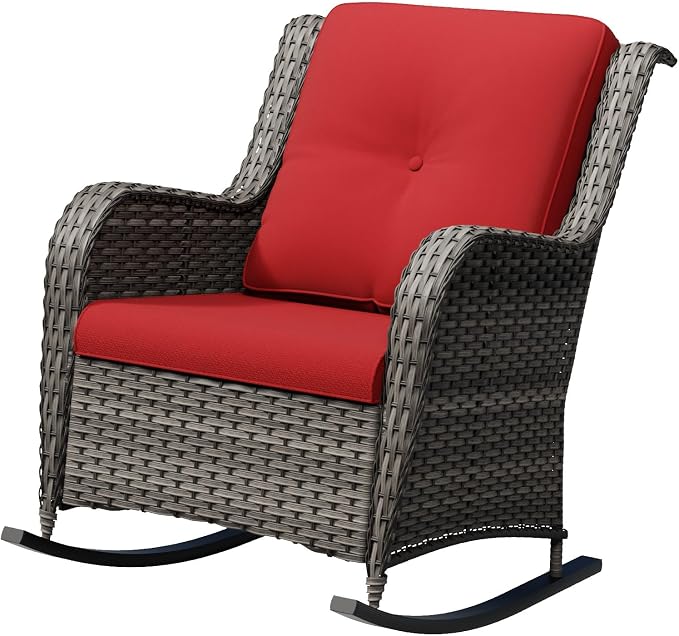 Outdoor Rocking Chair, Wicker Patio Chair with Thickened Olefin Cushions, High Back and Deep Seating, Hand-Woven PE Rattan for Porch, Deck, Balcony, Red