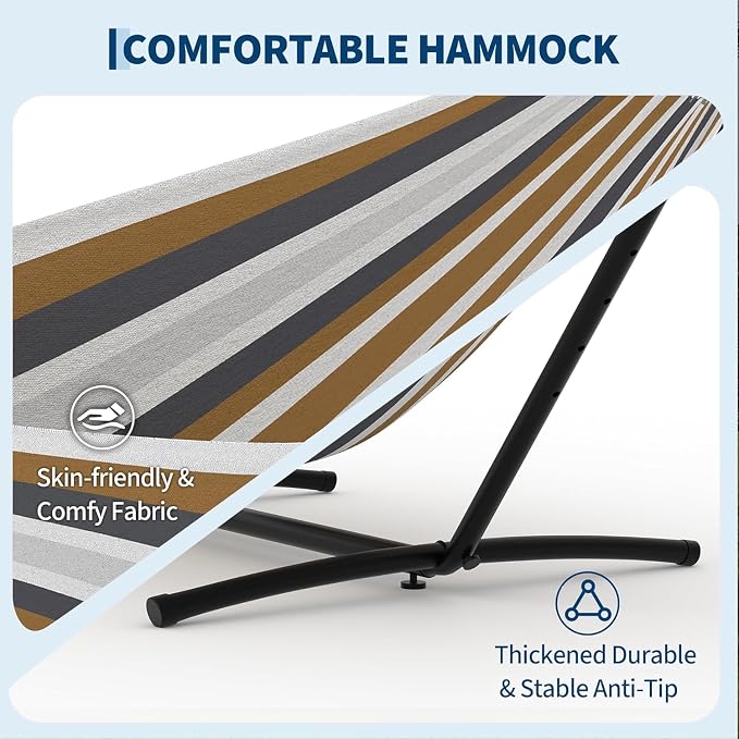 Double Hammock with Space-Saving Steel Stand - 2 Person Portable Heavy Duty Hammock with Carrying Bag for Outdoors & Indoors, Easy Assembly, 350 lbs Capacity, Brown Stripes
