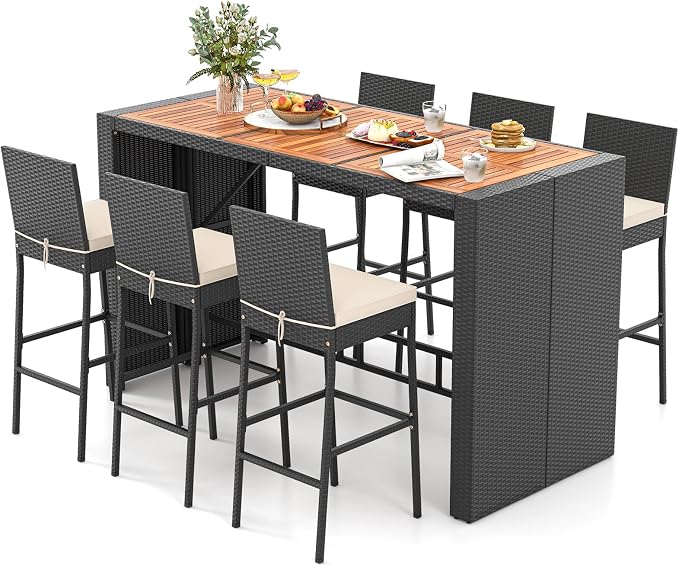 HAPPYGRILL 7-Piece Patio Bar Dining Set, PE Rattan Furniture Set w/Acacia Wood Tabletop & Soft Cushions, Outdoor Space-Saving Bar Table & 6 Armless Chairs w/Metal Frame for Balcony, Garden & Backyard