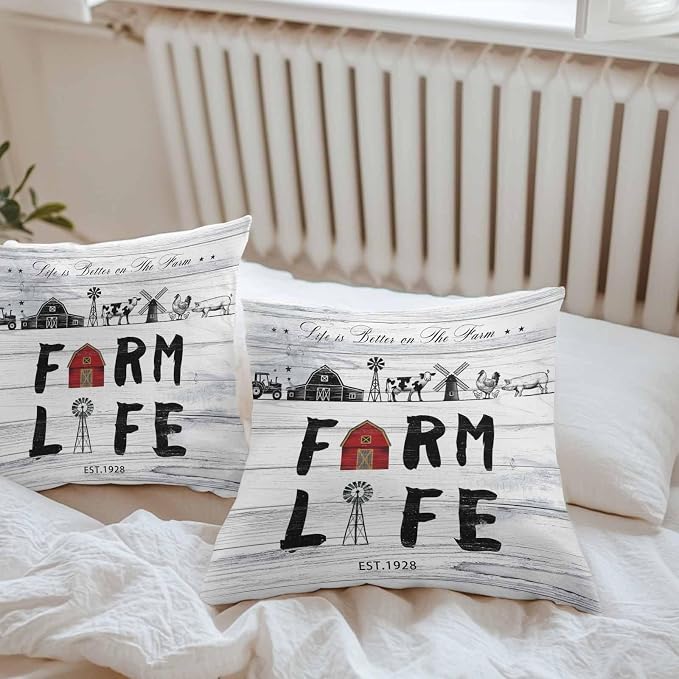 Outdoor Throw Pillows Covers 20x20 inch Set of 2 Waterproof Farm Life Decorative Zippered Cushion Covers for Patio Furniture, Farmhouse Barn Windmill Cow Chicken Tractor Wood Lumbar Pillowcases