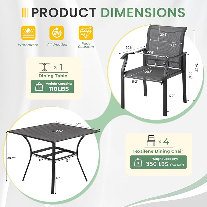 LVUYOYO 5-Piece Outdoor Patio Dining Set, Textilene Dining Chairs & Square Table Set, All-Weather Table and Chairs Set with Umbrella Hole for Backyard, Garden,Balcony,Porch (Gray)