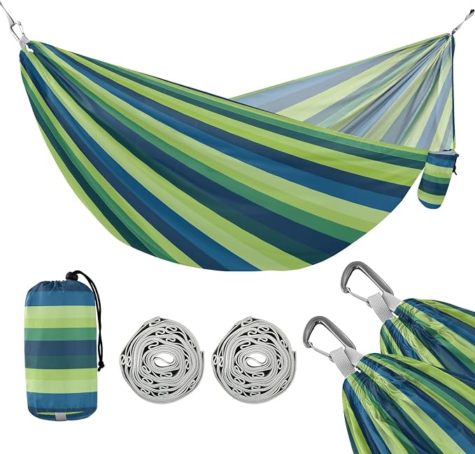 Camping Hammock Outdoor Hammocks for Outside Green Blue Stripe Beach Trees Portable Lightweight with Pockets Tree Straps Indoor