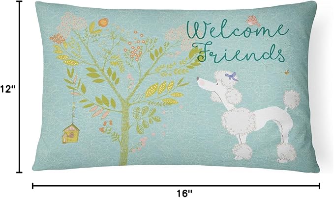 Caroline's Treasures BB7614PW1216 Welcome Friends White Poodle Canvas Fabric Decorative Pillow Machine Washable, Indoor Outdoor Decorative Pillow for Couch, Bed or Patio, 12HX16W