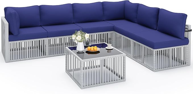 Pamapic 7-Piece Outdoor Sectional Set, Large Wicker Patio Furniture Set with Coffee Table and Washable Cushions Covers, All-Weather Patio Sofa Conversation Set for Backyard, Poolside, Garden
