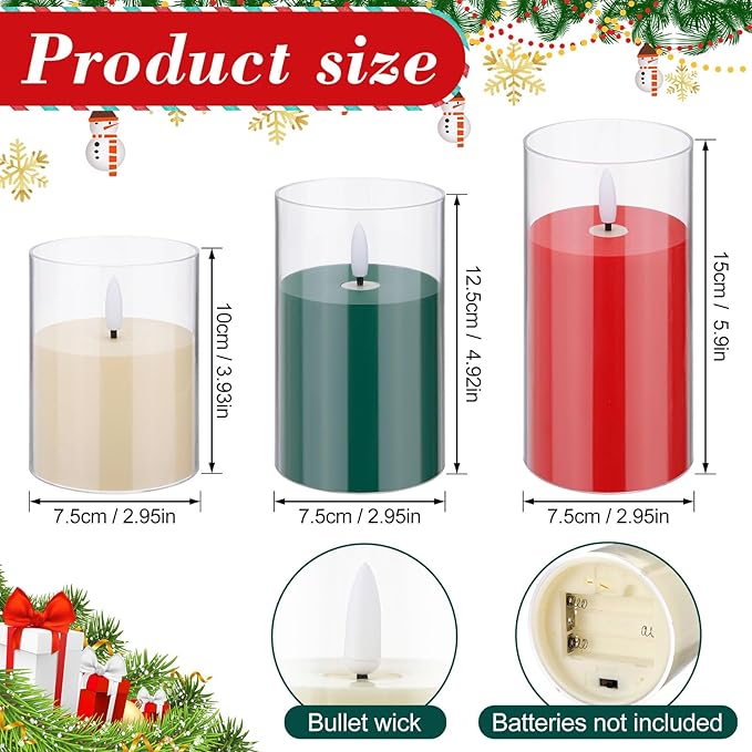 Tuanse 3 Pcs Green and Red Christmas Flameless Pillar Candles with Battery Powered Xmas Mixed Size Color Flickering LED Pillars Lights for Christmas Winter Home Party Decoration