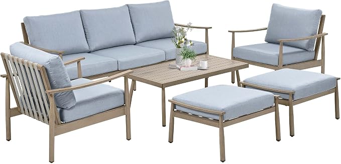 HAPPATIO Patio Outdoor Furniture Set - 6 Pieces Aluminum Outdoor Conversation Set with 1 Three-Seater Sofa, 1 Coffee Table, 2 Armchairs, and 2 Ottomans for Yard, Porch, and Deck (Brown)
