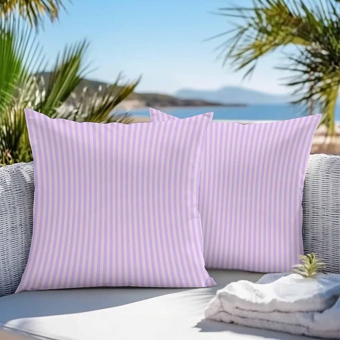 Throw Pillow Covers 18x18 Inch Set of 2, Purple Waterproof Outdoor Cushion Covers, Geometric Vertical Striped Solid Rainbow Decorative Pillowcases for Couch, Sofa, Bed, Garden, Patio