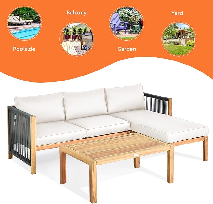 Tangkula L Shape Outdoor Furniture Set, 3 Piece Acacia Wood Patio Conversation Set, with 2 loveseats and Coffee Table, Garden Backyard Poolside Patio Seating Set (White)