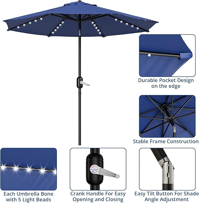 10 Ft Patio Umbrella With Solar Lights - Outdoor Table Umbrella With 40 LED Lights, Tilt Crank, 8 Ribs Market Umbrella for Pool, Deck, Backyard, Tan