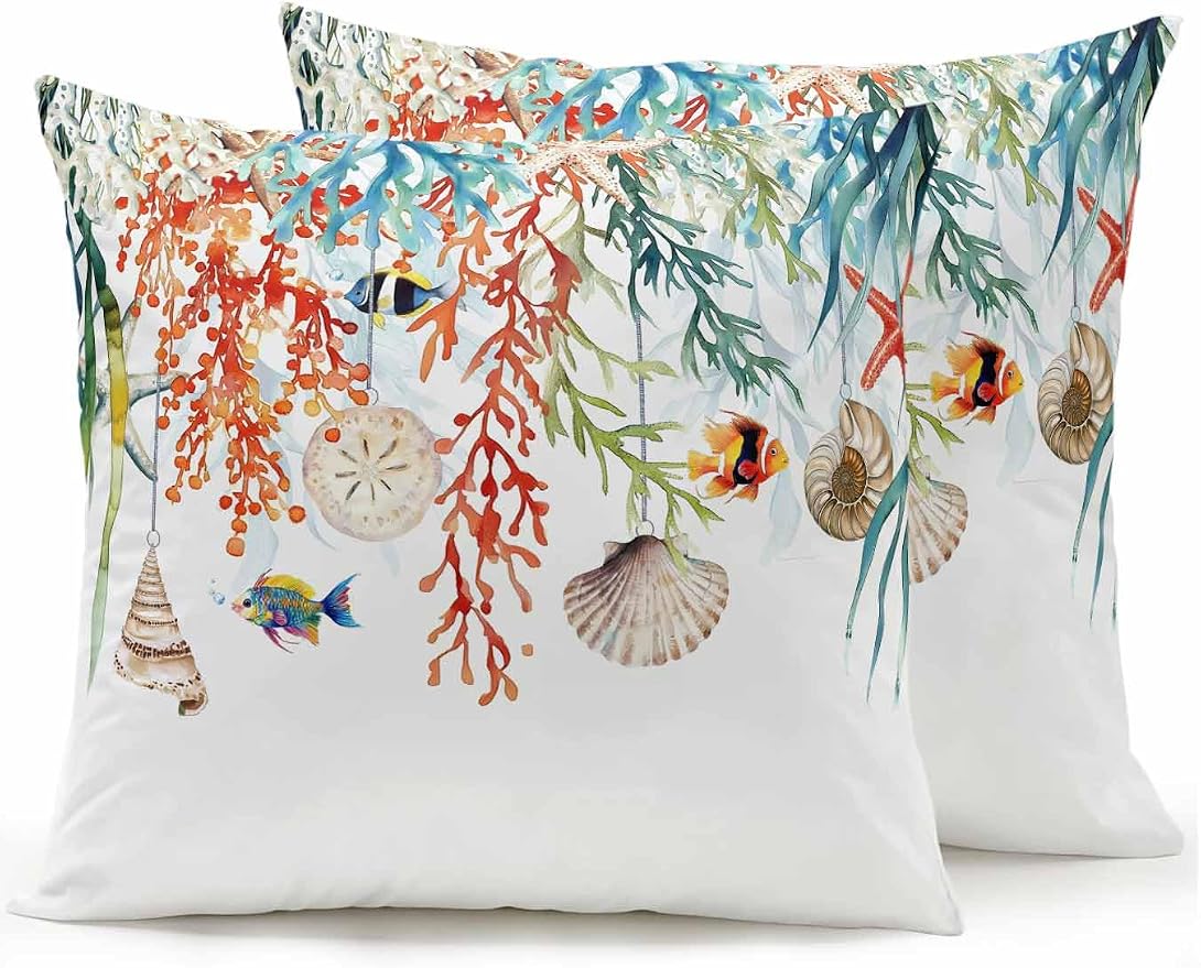 Outdoor Waterproof Throw Pillows Summer Colorful Coral Shell Conch Patio Pillows Pack of 2,Decorative Pillow Covers with Insert,Pillow Cushion Case for Garden Couch Sofa Sea Starfish Fish Marine Life