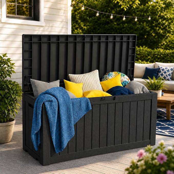 LAUSAINT HOME 120 Gallon Outdoor Deck Box, Waterproof Resin Storage Box with Lock, Patio Cushion Storage, Garden Tool Organizer, Pool Storage Container, Outdoor Storage Bench,Black